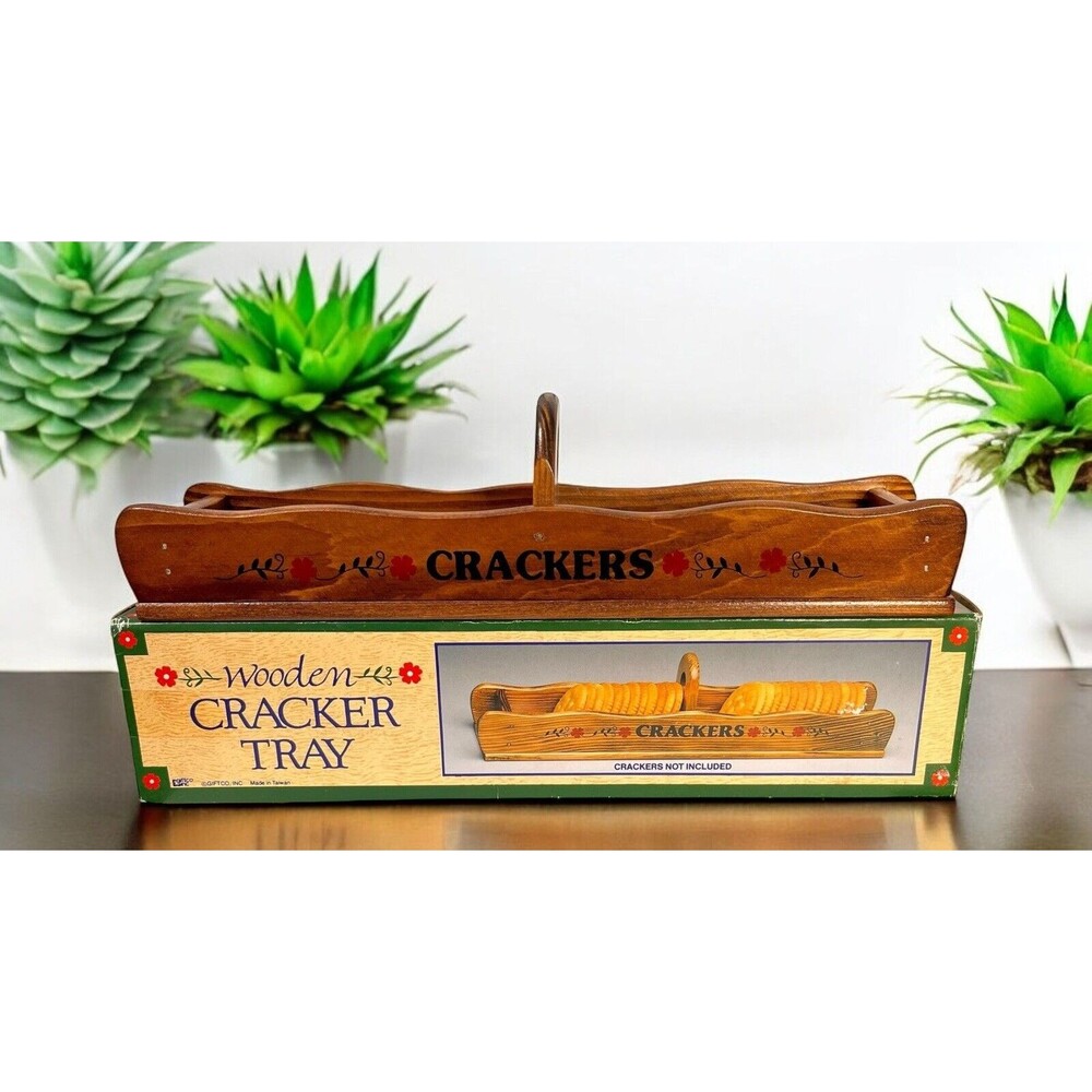 Wooden Crackers Tray Hand Painted Handcrafted in Original Box Vintage Giftco